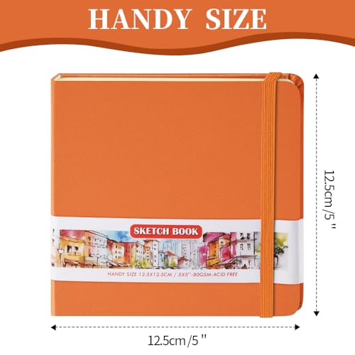 E-WEICHEN Square 5x5 inches 80gsm 96sheets/192 Pages Notebooks Blank Sketchbooks Travel Journal Pocket Hardcover Paint Writing Diary Memo Planner PU Leather Cover. Orange - color: PU Cover-5x5in-Orange