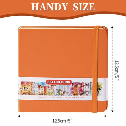 E-WEICHEN Square 5x5 inches 80gsm 96sheets/192 Pages Notebooks Blank Sketchbooks Travel Journal Pocket Hardcover Paint Writing Diary Memo Planner PU Leather Cover. Orange - color: PU Cover-5x5in-Orange