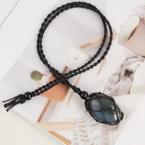 Natural unprocessed crystal raw stone hand woven rope adjustable necklace pendant for both men and women - color: A-Labradorite