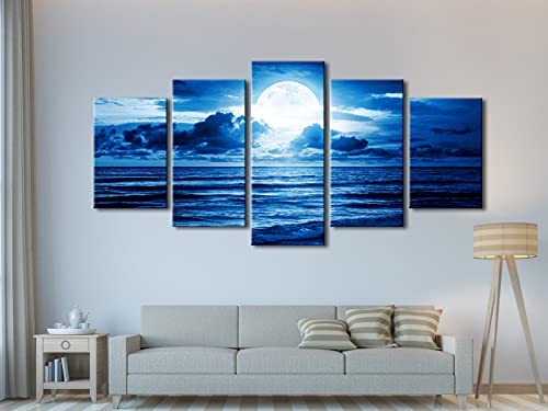 Pyradecor Extra Large Blue Clouds 5 Panels Moon Sea Beach Canvas Wall Art Modern Landscape Canvas Prints Pictures Artwork for Living Room Bedroom Home Decorations - size: 16x24inchx2pcs,16x32inchx2pcs,16x40inchx1pc