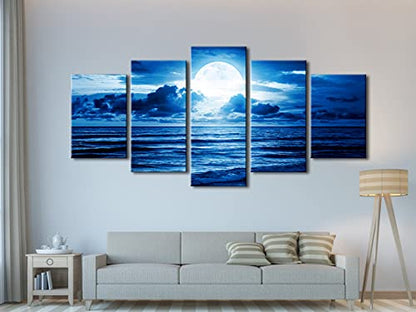 Pyradecor Extra Large Blue Clouds 5 Panels Moon Sea Beach Canvas Wall Art Modern Landscape Canvas Prints Pictures Artwork for Living Room Bedroom Home Decorations - size: 16x24inchx2pcs,16x32inchx2pcs,16x40inchx1pc