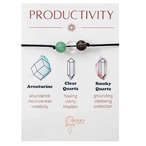 BOHO GARDEN Healing Bead Bracelets - Spiritual Crystal Beaded Bracelet - Made of 3 Real & Natural Gemstones, Adjustable 3-9.7” Black Rope - Gem Stones Jewelry for Men, Women, Teens (13+) - 8mm Bead - color: Productivity