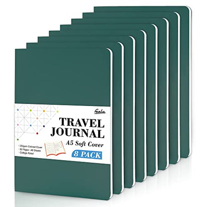 8 Pack Soft Cover Journal Bulk, Feela Notebooks College Ruled for Work, Lined Travel Journal for Women Men, Note Taking Notebook School Supplies Business Writing, 8.2” x 5.5”, A5, Dark Green - color: 8 Dark Green