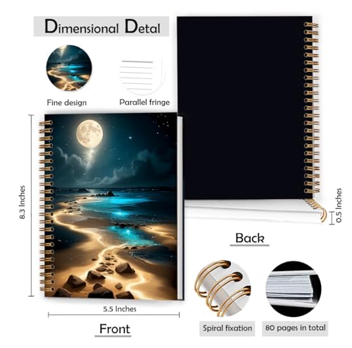 Full Moonlight Beach Notebook, Mystical Celestial Coastal Ocean Journal, Whimsical Moon Star Sky Journal, Nature Lover Gifts Hardcover Spiral Notebooks, 5.5x8.3 Inch - color: Color_2