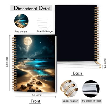 Full Moonlight Beach Notebook, Mystical Celestial Coastal Ocean Journal, Whimsical Moon Star Sky Journal, Nature Lover Gifts Hardcover Spiral Notebooks, 5.5x8.3 Inch - color: Color_2