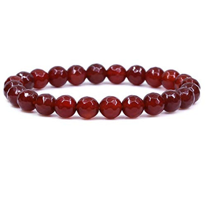 Amandastone Natural Gemstone 8mm Round Beads Stretch Bracelet 7 Inch - color: Faceted Red Agate