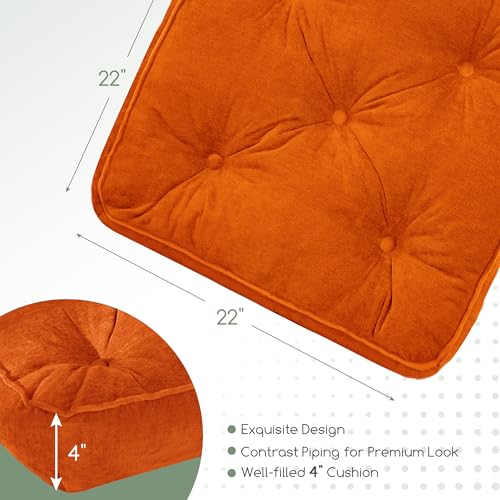 HIGOGOGO Large Floor Pillow Cushion for Adults, Meditation Cushion Pillow with Handle, Lustrous Chenille Tufted, Square Floor Sitting for Tatami Living Room or Yoga, 22x22 Inch, Orange