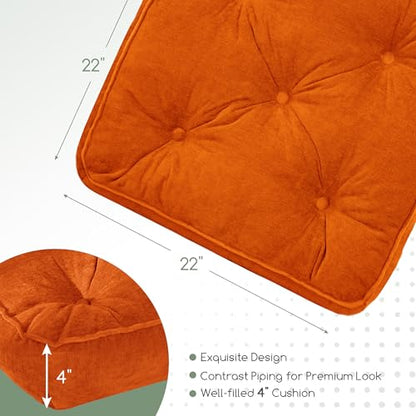 HIGOGOGO Large Floor Pillow Cushion for Adults, Meditation Cushion Pillow with Handle, Lustrous Chenille Tufted, Square Floor Sitting for Tatami Living Room or Yoga, 22x22 Inch, Orange