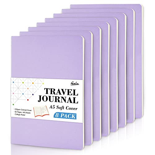 feela 8 Pack Soft Cover Journal Bulk, Notebooks College Ruled for Work, Lined Travel Journal for Women Men, Note Taking Notebook School Supplies Business Writing, 8.2” x 5.5”, A5, Light Purple - color: 8 Light Purple