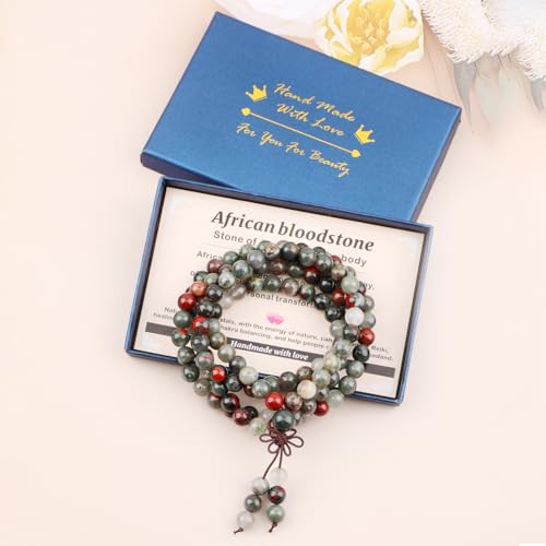 AD Beads 6mm 8mm 108 Prayer Mala Jasper Elastic Bracelet - Handmade Yoga Meditation Healing Power Energy Gifts for Unisex Adult. - color: African bloodstone(Strengthen the body)