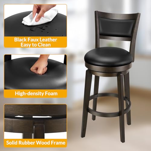 PrimeZone Swivel Bar Stools Set of 2, 24 Inch Counter Height Barstools, Black Faux Leather Bar Stool with High Backrest & Solid Wood Legs & Wrap-around Footrest, Counter Stools for Kitchen Island, Pub - size: 24" Counter Height