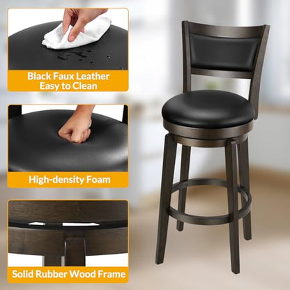 PrimeZone Swivel Bar Stools Set of 2, 24 Inch Counter Height Barstools, Black Faux Leather Bar Stool with High Backrest & Solid Wood Legs & Wrap-around Footrest, Counter Stools for Kitchen Island, Pub - size: 24" Counter Height
