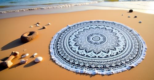 Round Beach Tapestry Mandala Boho Hippie Blanket Indian Cotton Bohemian Large Table Cloth Home Decor Yoga Mat Meditation Picnic Rug Throw Hippy Boho Gypsy Tablecloth Roundie (42 Inches, Grey) - color: Grey, size: 42"L x 42"W