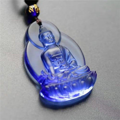 Blue Medicine Buddha Necklace Healing Glass Bead Choker Buddhist Health Amulet Pain Relief Pendant Spiritual Protection Jewelry Unisex Gift for Men Women