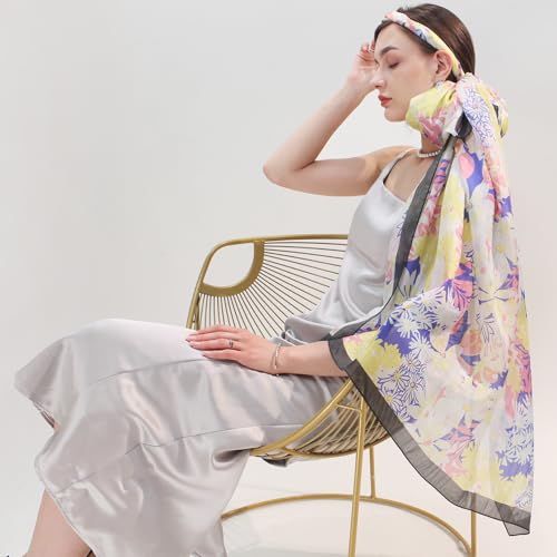 100% Mulberry Extra Large Silk Pashmina Scarf Shawls And Wraps For Women Evening Dress Summer Travel Floral Blanket - color: 76 Yellow