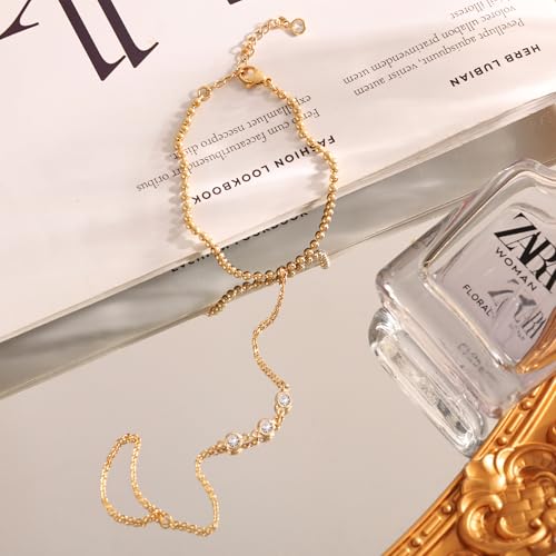 Gold Bracelets for Women, 14K Gold Plated Hand Chain Bracelet for Women Trendy Finger Ring Bracelet Hand Chain Dainty Adjustable Hand Chain Jewelry Gifts for Women - color: Cubic Zirconia