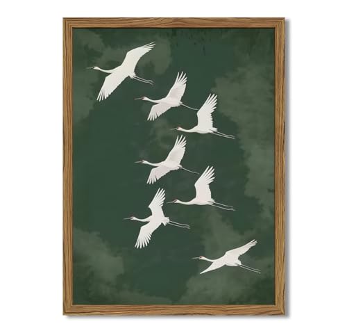 Framed Japanese Flying Cranes Wall Art, Vintage Bird Pictures Wall Decor Paintings, Rustic Nature Animal Canvas Prints Minimalist Home Decor for Living Room Bedroom Office Zen 12x16 inch - color: White, size: 16"L x 12"W