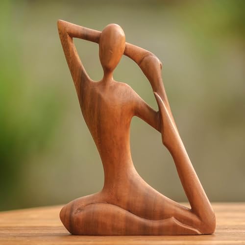 NOVICA Brown Suar Wood Yoga Sculpture, 7.75" Tall 'Yoga Stretch'