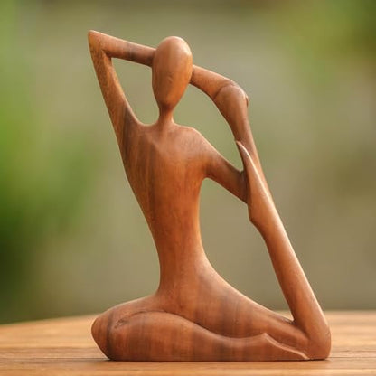 NOVICA Brown Suar Wood Yoga Sculpture, 7.75" Tall 'Yoga Stretch'