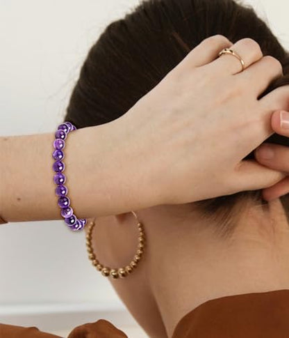 BOMAIL Natural Stone Bracelet for Women Men - 8MM Semi-Precious Gemstone Beaded Bracelet Healing Crystal Stretch Bracelet Yoga Bracelets Jewelry - color: Amethyst