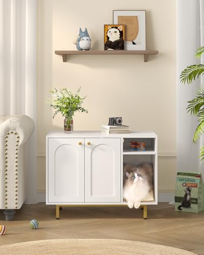 Hzuaneri Cat Litter Box Enclosure,Hidden Litter Box Furniture with Storage, Large Wooden Cabinet with Sisal Mat, Modern Cat Washroom for Living Room, Bedroom, Entryway, White and Gold 01503GCLB - color: White and Gold
