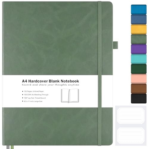 Blank Notebook, Hardcover Sketch Book, 8.5" x 11" Large Blank Journal, No Bleed Thick Paper Sketchbook for Drawing, Unlined Notebook Journal for Women Men, A4 Leather Sketchbook, Lay Flat, Light Green - color: Light Green