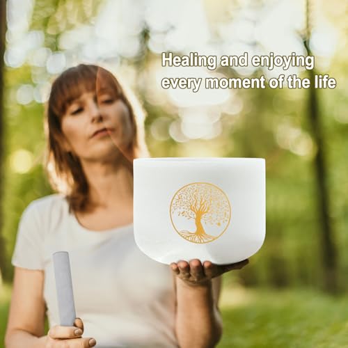 432HZ 8 Inch F Note Heart Chakra Crystal Singing Bowl Sound Healing, Frosted Quartz Crystal Tree of Life Sound Bowl, Sude and O-ring For Sound Healing Meditation - color: white Tree of Life, size: 8"F
