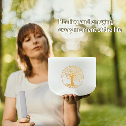432HZ 8 Inch F Note Heart Chakra Crystal Singing Bowl Sound Healing, Frosted Quartz Crystal Tree of Life Sound Bowl, Sude and O-ring For Sound Healing Meditation - color: white Tree of Life, size: 8"F