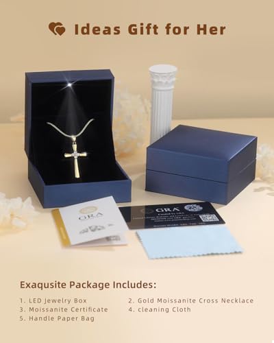 1CT Moissanite Cross Necklace for Women Wife, 18K Gold Filled or Sterling Silver Cross Pendant Chain Jewelry,Anniversary Birthday Gifts for Women Wife Her with LED Light-Up Gift Box and Gift Card - style: Gold-No Card