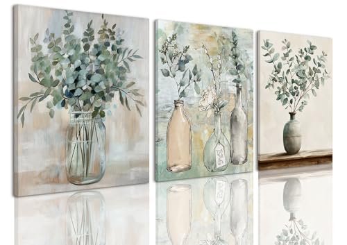 AOYUSMO 3 Piece Sage Green Eucalyptus Vase Canvas Wall Art for Kitchen Boho Botanical Framed Wall Art Floral Farmhouse Neutral Prints Artwork For Dining Room Living Room 12"x16" - color: Glass vase flowers, size: 12x16in
