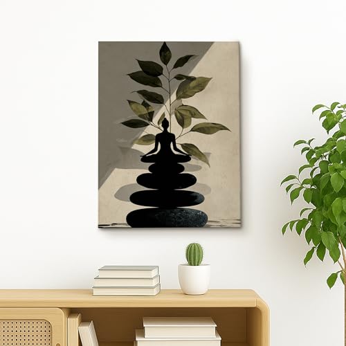 Zen Buddha Stones Wall Art, Green Black Meditative Decor, Minimalistic Home Aesthetic for Living Room, Bedroom, Spa, Wrapped Canvas 16x20 Inch - size: 16x20 Inch
