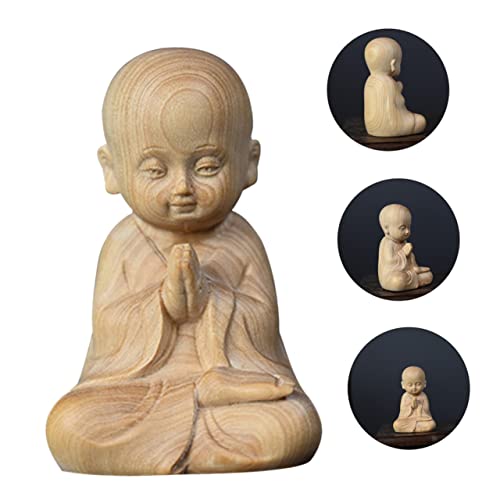 Healifty Boxwood Monk Figurine Hand Carved Desktop Decoration for Home Office Small Pet Ornament Delicate Wood Sculpture for Meditation Feng Shui Decor