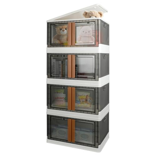 Storage Boxes, Extra Large Cabinet with Lids, 19 Gallon(72L) Capacity (Each One), 4 Packs, Useful Box with Door and Buckles, Foldable, Transparent, Excellent Home Organizers - color: White,Gray, size: 19 Gal (72L) × 4