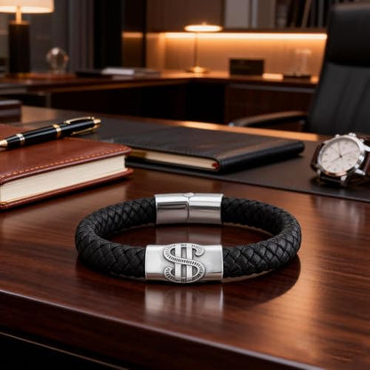 Men's Leather Bracelet, Stackable Stainless Steel Clasp Bracelets for Men Stylish Birthday, Thanksgiving, Valentine's Day Gift for My Man - style: 9" Dollar