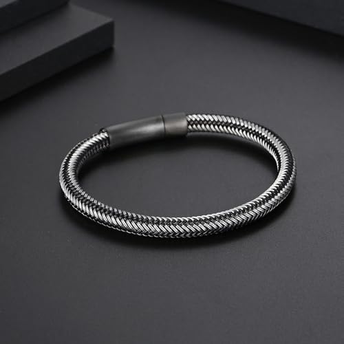 Men's Leather Bracelet, Stackable Stainless Steel Clasp Bracelets for Men Stylish Birthday, Thanksgiving, Valentine's Day Gift for My Man - style: 8.2" Silver and Black Cord