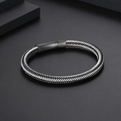 Men's Leather Bracelet, Stackable Stainless Steel Clasp Bracelets for Men Stylish Birthday, Thanksgiving, Valentine's Day Gift for My Man - style: 8.2" Silver and Black Cord