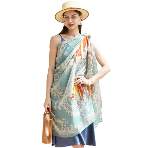 100% Mulberry Extra Large Silk Pashmina Scarf Shawls And Wraps For Women Evening Dress Summer Travel Floral Blanket - color: Light Blue Feather Grace