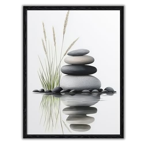 Mifure Beautiful Tranquil Zen Stacked Stones with Water Reflection Canvas Wall Art - Cozy Modern Minimalist Decor for Bedroom Office - HD Waterproof Stretched Framed Ready to Hang 16x24 Inches - color: Zen (Black Framed), size: 24"L x 16"W