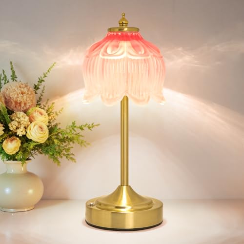 Cordless Lotus Flower Table Lamp, 5200mAh Rechargeable Battery Operated Portable Lamp, 3-Color Dimmable Touch Control Small Desk Lamp for Bedroom, Office, Kitchen, Nightstand,Room Decor (Pink) - color: Pink