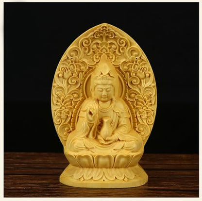 Ulalaza Boxwood Buddha Statue Solid Wood Carvings Carved Locker Box Sculpture Decoration - color: S2-yellow