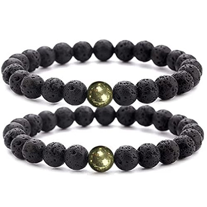 WFJ Black Obsidian Hematite Triple Protection Bracelets Set - Tiger Eye Beaded Natural Stone Bracelet for Men Women Gemstone (10MM) - color: Lava Stone and Pyrite Set of 2