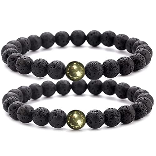 WFJ Black Obsidian Hematite Triple Protection Bracelets Set - Tiger Eye Beaded Natural Stone Bracelet for Men Women Gemstone (10MM) - color: Lava Stone and Pyrite Set of 2