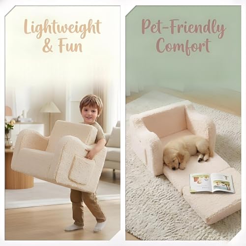 MOMCAYWEX Kids Sofa, 2-in-1 Flip-Out Foam Couch with Soft Sherpa Cover, Cozy Play Lounge Chair, Cream - color: Cream, size: Medium
