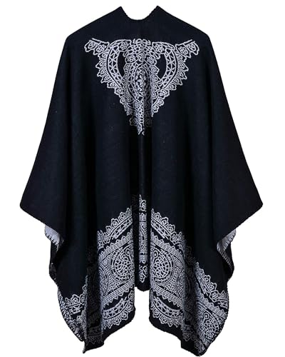 Women's Shawls and Wraps Open Front Poncho Cape Winter Sweater - color: B2-black
