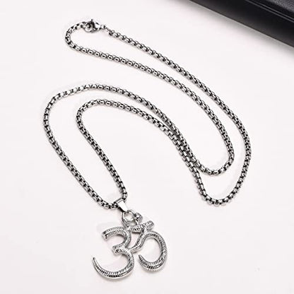 Stainless Steel Om Necklace for Men Women, gold plated/Silver/Black Yoga Charm Pendant Necklaces Aum Om Ohm Sanskrit Symbol Hindu Meditation Chain Necklace,Mens Womens Jewelry Gifts - color: Silver