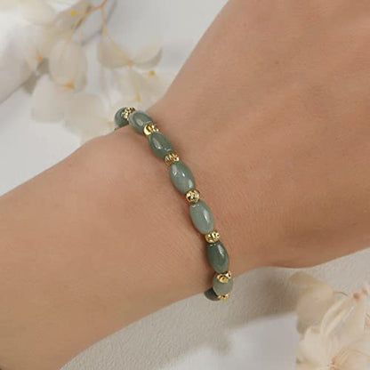 jade bracelet for women ，beaded bracelets ，6 * 9mm natural jade beads,brass plated 18k gold spacer beads,DIY Stretch Bracelet with 6.5-8 inch hand circumference,gifts for girlfriend. (Emerald green)