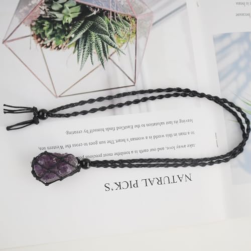 Natural unprocessed crystal raw stone hand woven rope adjustable necklace pendant for both men and women - color: Amethyst cluster