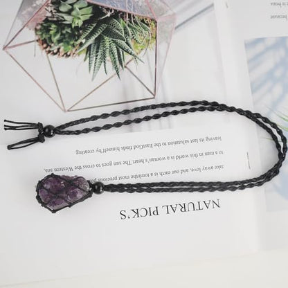 Natural unprocessed crystal raw stone hand woven rope adjustable necklace pendant for both men and women - color: Amethyst cluster
