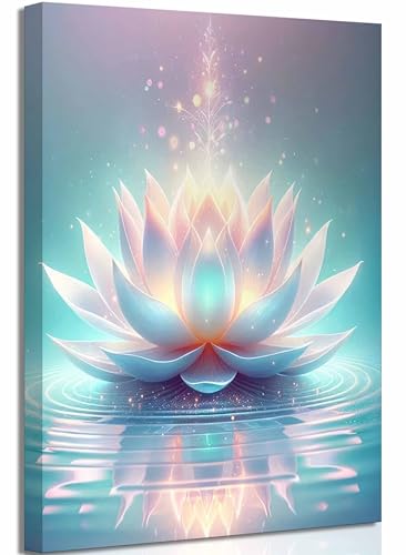 Zen Canvas Wall Art White and Blue Lotus Flower Bloom in Water Picture Yoga Spa Meditation Spiritual Room Wall Decor Poster Print Artwork for Bathroom Bedroom Office Yoga Room Home Decoration - color: Canvas, size: 16"L x 12"W