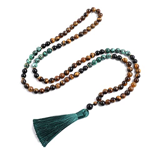 108 Mala Prayer Beads Necklace 8mm Natural Stones Meditation Yoga Jewelry Sets 108 Hand Made Japa Mala Beaded Long Tassel Necklace with Tassel Pendant for Men and Women - color: Tiger Eye+Black Onyx+African turquoise